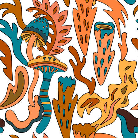 Seamless pattern with organic nature elements. Hand drawn artistic texture with psychedelic mushrooms shapes.Vector illustrationのイラスト素材