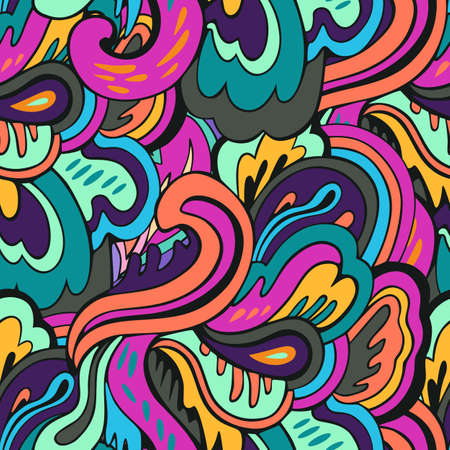 Seamless pattern with floral and plants element in psychedelic funky style in pastel colors for textile and design. Vector illustrationのイラスト素材
