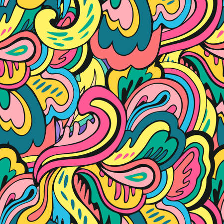 Seamless pattern with floral and plants element in psychedelic funky style in pastel colors for textile and design. Vector illustrationのイラスト素材