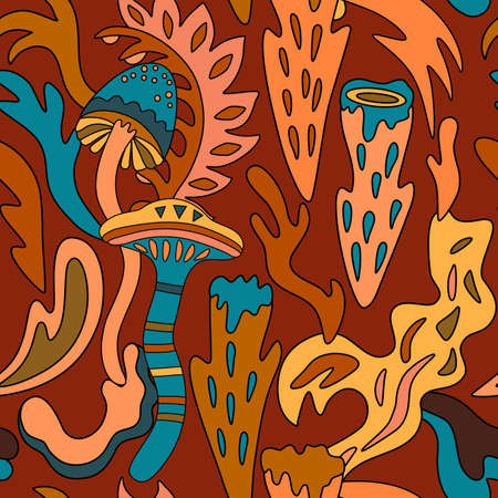 Seamless pattern with organic nature elements. Hand drawn artistic texture with psychedelic mushrooms shapes.Vector illustrationのイラスト素材