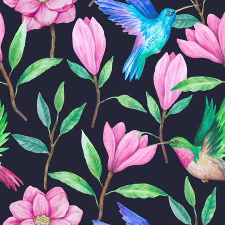 Hummingbirds and magnolia flowers. Watercolor illustration. Seamless hand drawn pattern for decor and design.の写真素材