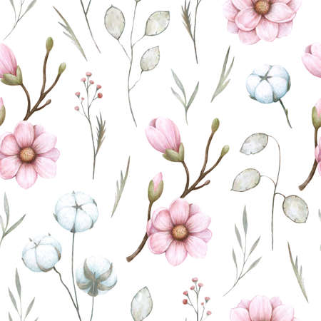 Watercolor Magnolia and Cotton frame with plants and leaves. Hand drawn detailed realistic vintage illustration for decor and textile design.の写真素材