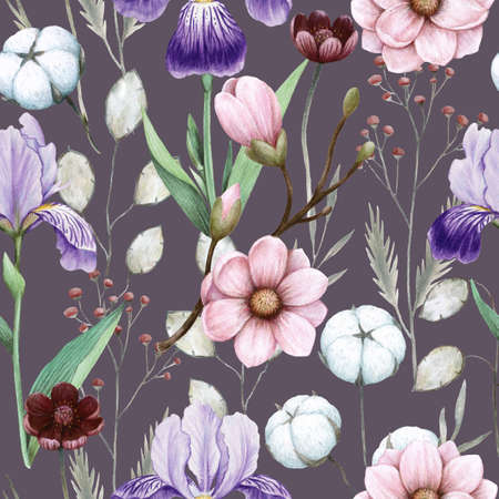 Watercolor magnolia and iris flowers seamless pattern. Hand drawn detailed realistic vintage illustration for decor and textile design.の写真素材