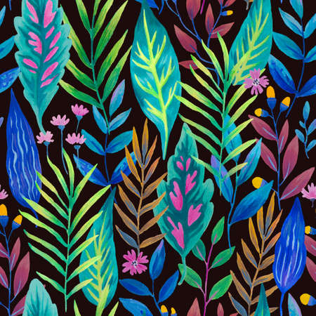 Colorful seamless pattern with bright tropical leaves and flowers. Hand drawn detailed illustration with rainforest jungle plants. High quality paintingの写真素材