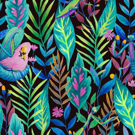 Colorful seamless pattern with bright tropical leaves and flowers. Tropical insects, mantis in jungle plants. Hand drawn detailed illustration. High quality paintingの写真素材