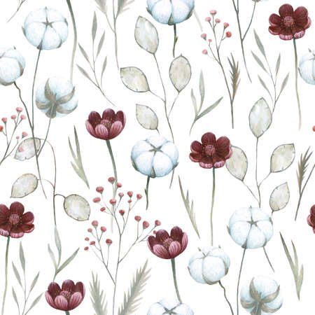 Watercolor seamless pattern with cotton plants and flowers. Hand drawn detailed realistic vintage illustration for decor and textile design.の写真素材