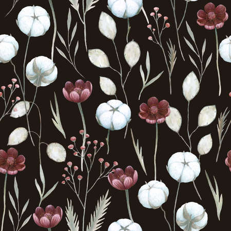 Watercolor seamless pattern with cotton plants and flowers. Hand drawn detailed realistic vintage illustration for decor and textile design.の写真素材
