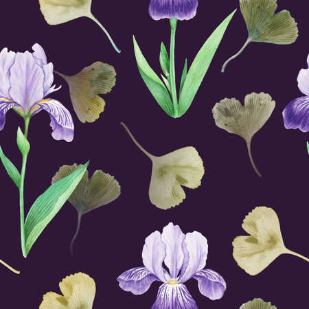 Seamless pattern with iris flowers and ginkgo leaves. Watercolor detailed realistic illustration for design and textile.の写真素材