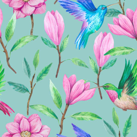 Hummingbirds and magnolia flowers. Watercolor illustration. Seamless hand drawn pattern for decor and design.の写真素材