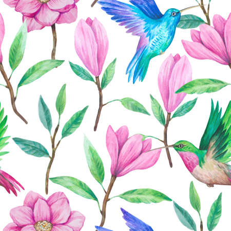 Hummingbirds and magnolia flowers. Watercolor illustration. Seamless hand drawn pattern for decor and design.の写真素材