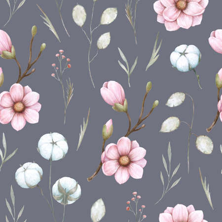 Watercolor Magnolia and Cotton frame with plants and leaves. Hand drawn detailed realistic vintage illustration for decor and textile design.の写真素材