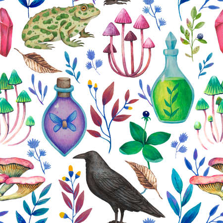 Seamless pattern with magic mystical fantasy elements, witchcraft, magical plants, animals and mushrooms. Hand drawn illustration with psychedelic colors.の写真素材