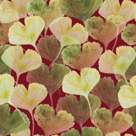 Abstract texture with hand painted ginkgo leaves. Watercolor elegant seamless pattern.の写真素材
