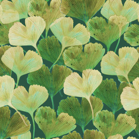 Abstract texture with hand painted ginkgo leaves. Watercolor elegant seamless pattern.の写真素材
