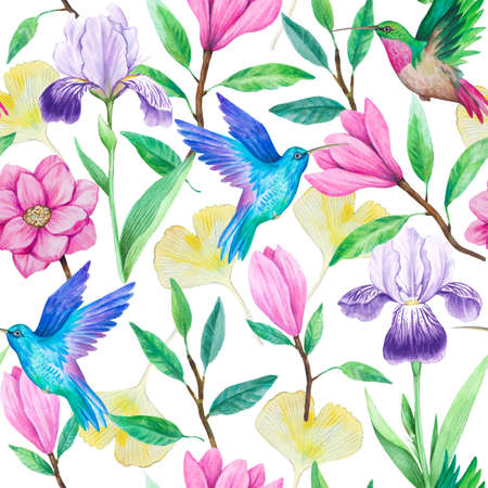 Hummingbirds, magnolia and iris flowers. Watercolor illustration. Seamless hand drawn pattern for decor and design.の写真素材