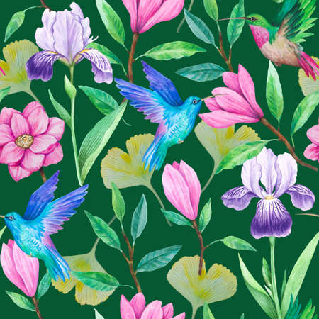 Hummingbirds, magnolia and iris flowers. Watercolor illustration. Seamless hand drawn pattern for decor and design.の写真素材