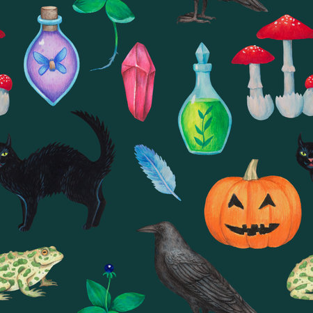 Seamless pattern with magic mystical fantasy elements, witchcraft, magical plants, animals and mushrooms. Hand drawn illustration with psychedelic colors.の写真素材