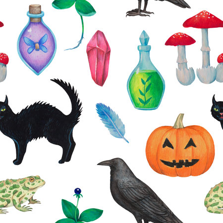 Seamless pattern with magic mystical fantasy elements, witchcraft, magical plants, animals and mushrooms. Hand drawn illustration with psychedelic colors.の写真素材