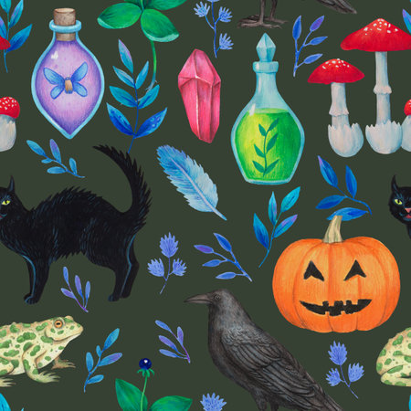 Seamless pattern with magic mystical fantasy elements, witchcraft, magical plants, animals and mushrooms. Hand drawn illustration with psychedelic colors.の写真素材
