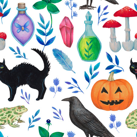 Seamless pattern with magic mystical fantasy elements, witchcraft, magical plants, animals and mushrooms. Hand drawn illustration with psychedelic colors.の写真素材