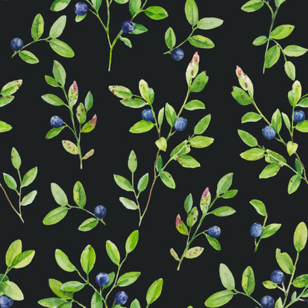 Watercolor illustration of blueberry branches with ripe berries. Seamless pattern with hand drawn realistic elements.の写真素材
