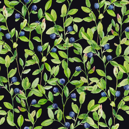 Watercolor illustration of blueberry branches with ripe berries. Seamless pattern with hand drawn realistic elements.の写真素材