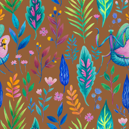 Colorful seamless pattern with bright tropical leaves and flowers. Tropical insects, mantis in jungle plants. Hand drawn detailed illustration. High quality paintingの写真素材