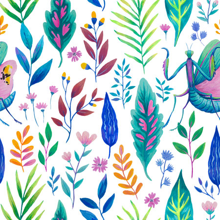 Colorful seamless pattern with bright tropical leaves and flowers. Tropical insects, mantis in jungle plants. Hand drawn detailed illustration. High quality paintingの写真素材