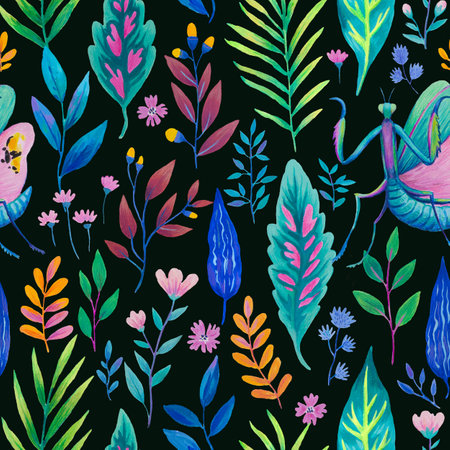 Colorful seamless pattern with bright tropical leaves and flowers. Tropical insects, mantis in jungle plants. Hand drawn detailed illustration. High quality paintingの写真素材
