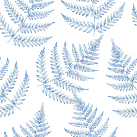 Hand drawn seamless pattern with fern leaves. Detailed watercolor graceful botanical illustration.の写真素材