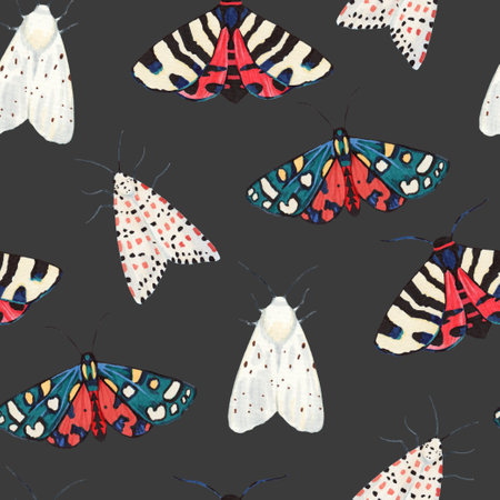 Seamless pattern with garden tiger moths, Arctiidae family. Watercolor illustration of beautiful night mots, isolated on white background.の写真素材