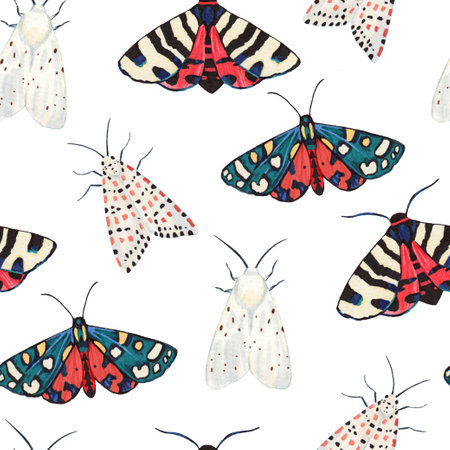 Seamless pattern with garden tiger moths, Arctiidae family. Watercolor illustration of beautiful night mots, isolated on white background.の写真素材