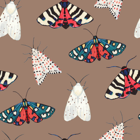 Seamless pattern with garden tiger moths, Arctiidae family. Watercolor illustration of beautiful night mots, isolated on white background.の写真素材