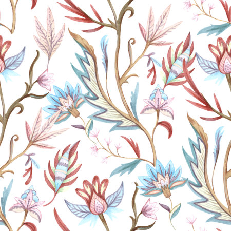Vintage floral ornamental pattern in victorian style for decor, wallpaper, fabric design. Original watercolor illustrationの写真素材