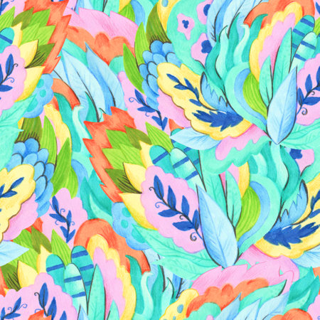 Psychedelic ornamental pattern. Watercolor hand drawn texture with floral and botanical ornate shapes and motifs for design and textile.の写真素材