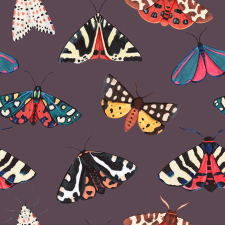 Seamless pattern with garden tiger moths, Arctiidae family. Watercolor illustration of beautiful night mots, isolated on white background.の写真素材