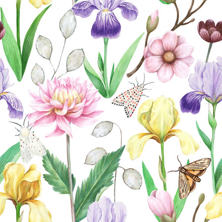 Watercolor magnolia and iris flowers seamless pattern. Hand drawn detailed realistic vintage illustration for decor and textile design.の写真素材