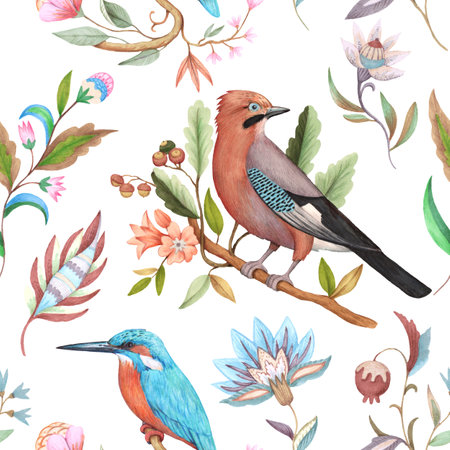 Watercolor seamless pattern with birds on tree branches and decorative floral elements. Luxury...
