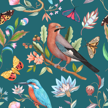 Watercolor seamless pattern with birds on tree branches and decorative floral elements. Luxury vintage background in victorian style. Hand drawn detailed illustrationの写真素材