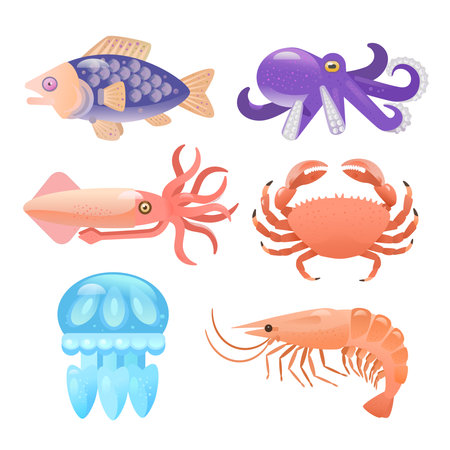 Set of sea animals. Fish, crab, mollusks and shrimp. Underwater marine creatures. Detailed vector clip art of sea food in cartoon style. Illustration for design.のイラスト素材