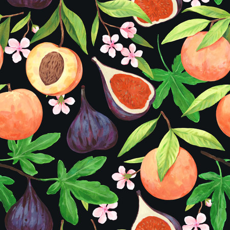 Seamless pattern with watercolor blooming peach branches with flowers and ripe fig fruits....