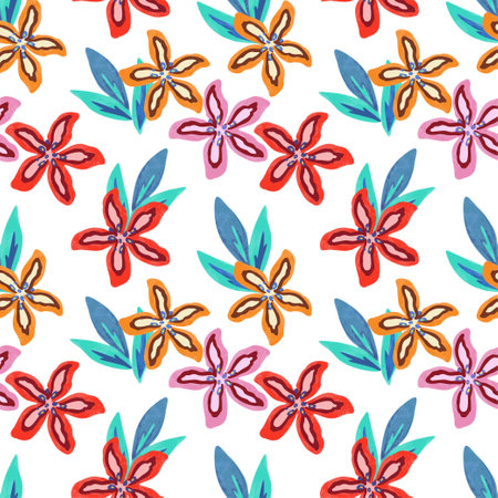 Colorful vivid psychedelic pattern with abstract tropical flowers for fabric, wrapping paper and design. Vector illustrationの写真素材