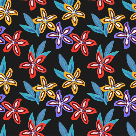 Colorful vivid psychedelic pattern with abstract tropical flowers for fabric, wrapping paper and design. Vector illustrationの写真素材