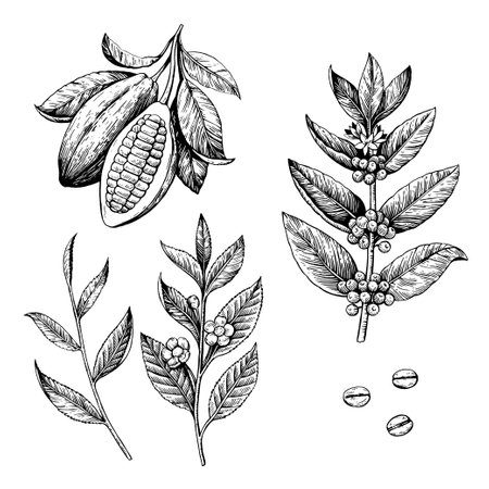 Cocoa beans, tea and coffee branches. Vector illustration in engraving style isolated on white background. Hand drawingのイラスト素材