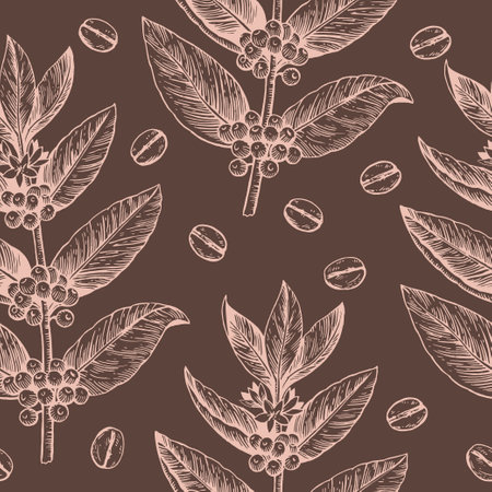 Coffee branches and beans. Seamless pattern in engraving vintage style. Vector illustrationのイラスト素材