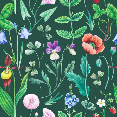 Seamless watercolor floral pattern with wild field and meadow plants. Hand painted texture for design and textile.の写真素材