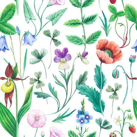 Seamless watercolor floral pattern with wild field and meadow plants. Hand painted texture for design and textile.の写真素材