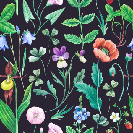 Seamless watercolor floral pattern with wild field and meadow plants. Hand painted texture for design and textile.の写真素材