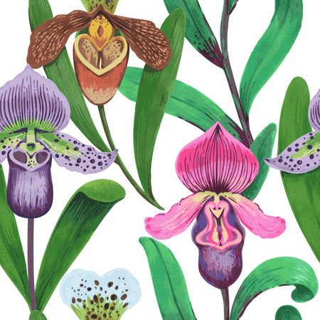 Vector seamless pattern with colorful psychedelic orchid flowers. Hand drawn detailed illustration. Seamless print for textile and wallpaper.の写真素材