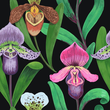 Vector seamless pattern with colorful psychedelic orchid flowers. Hand drawn detailed illustration. Seamless print for textile and wallpaper.の写真素材